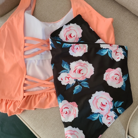 🔥XL tankini swimsuit, coral and roses - Picture 3 of 4